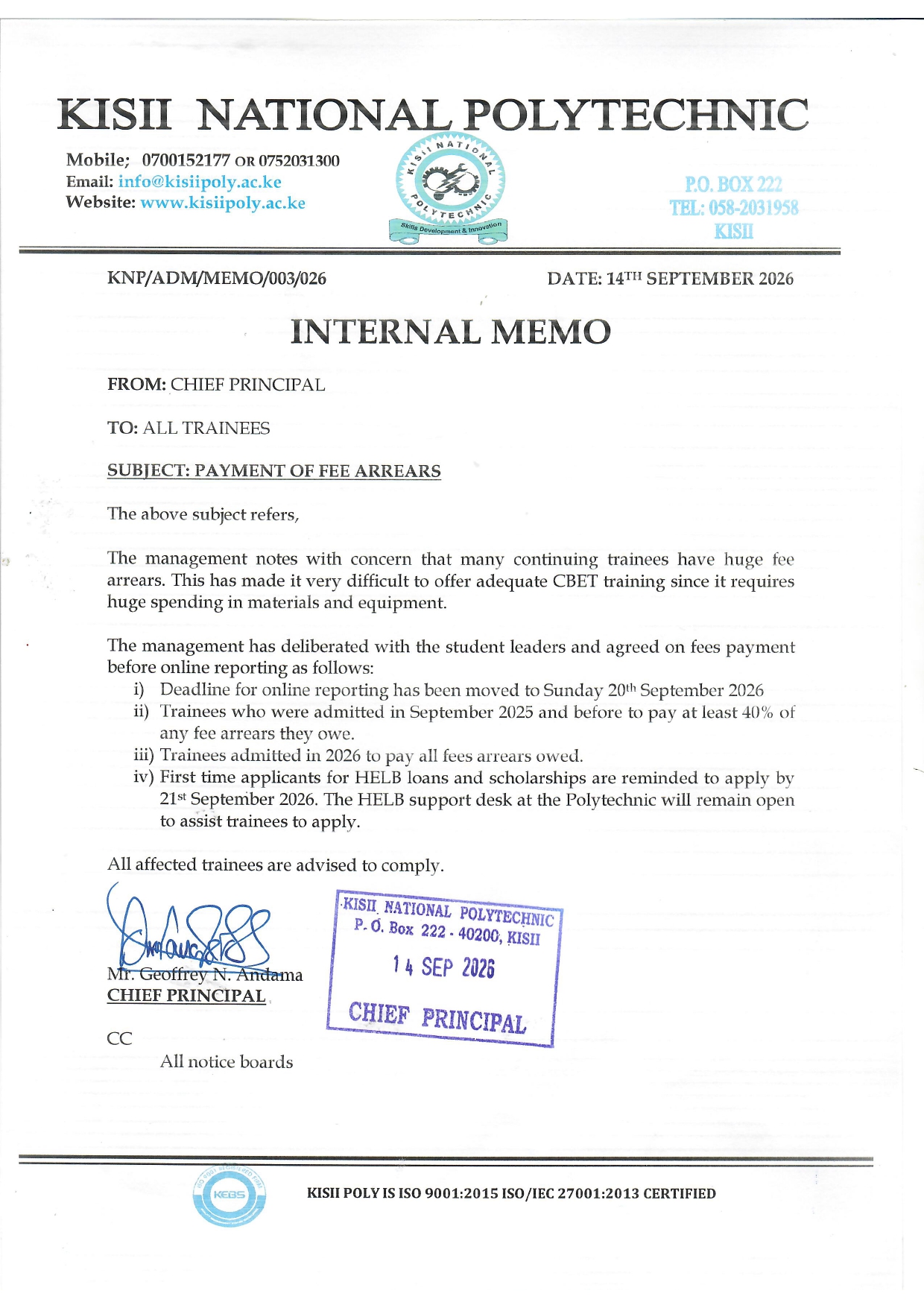 INTERNAL MEMO TO ALL TRAINEES.